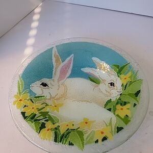 Handmade American Fused Glass Bunny Daffodil Bowl 2002 Peggy Karr